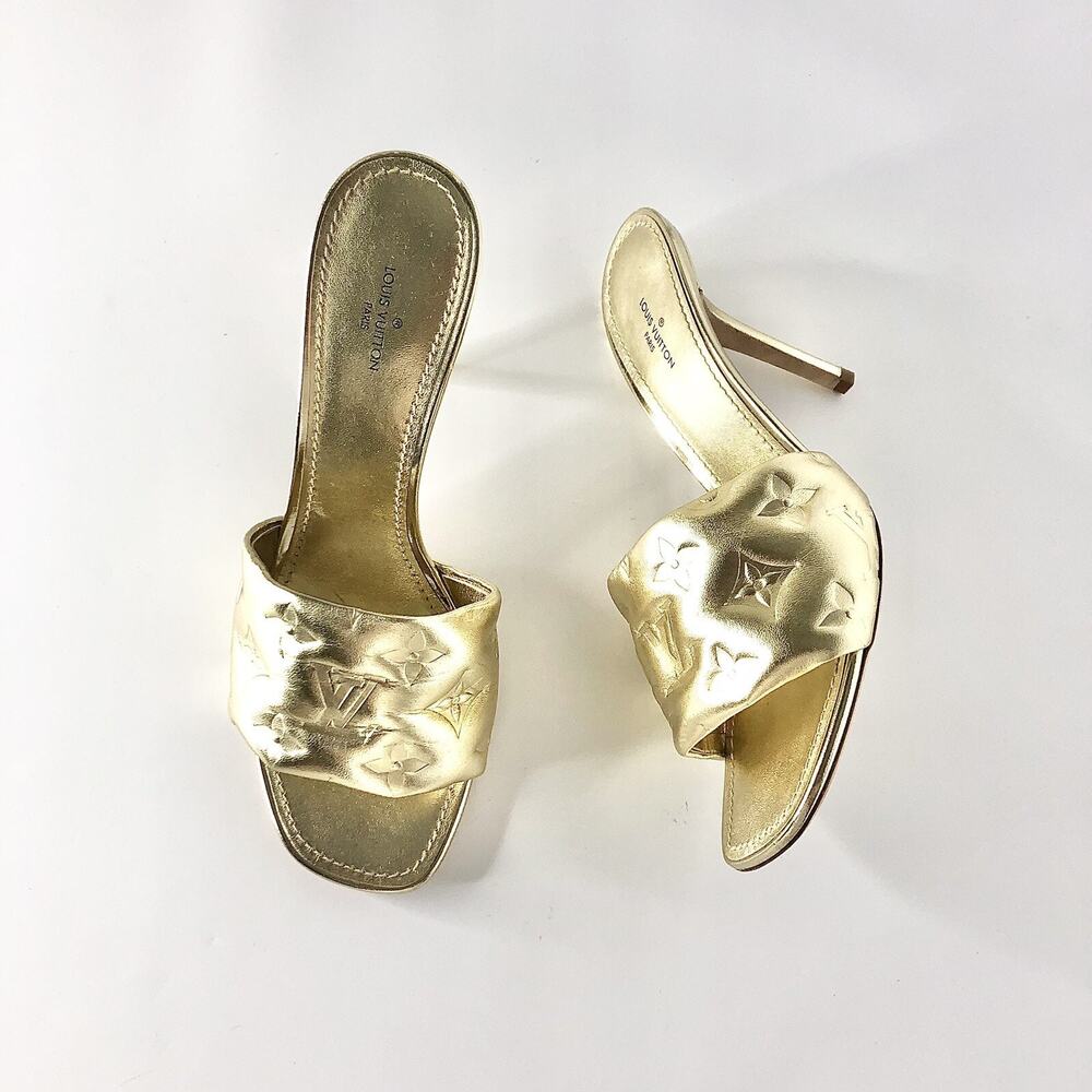 Louis Vuitton Revival Monogram Emboss Gold Leather Heeled Mules Sandals 38.5